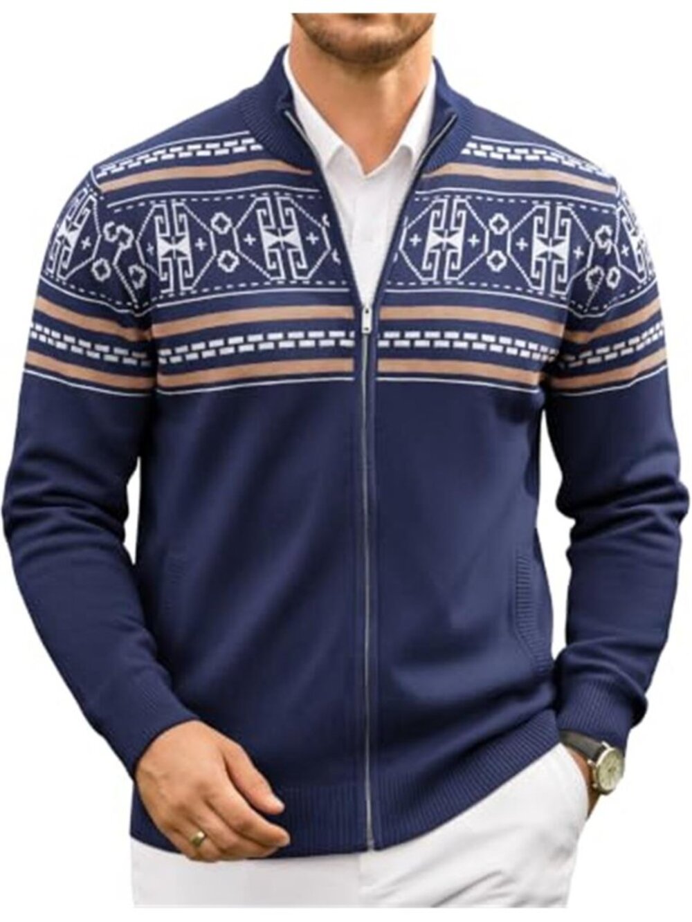 Men's Full Zip Cardigan Sweater Mock Neck Knitwear with Pattern
